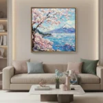 Azure Blossom Peak Vibrant floral mountain landscape color wall art - Image 3