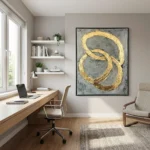 Connected Gold Interlocking metallic circles on concrete abstract wall decor