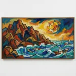 Geometric Tides Angular waves, sun, and boats. abstract art - Image 2