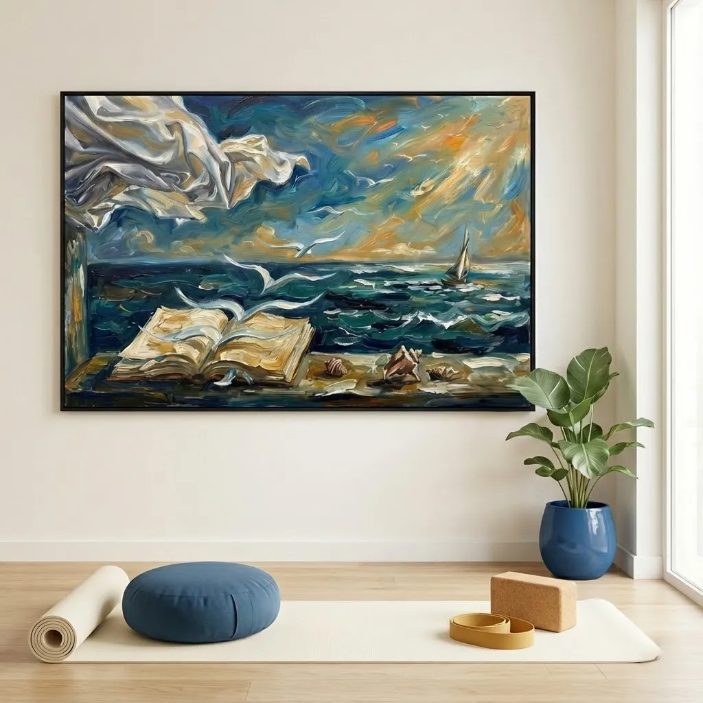 Imagined-Voyage-Seagulls-fly-from-open-book-towards-sea.-abstract-art-3.webp Imagined Voyage Seagulls fly from open book towards sea. abstract art - Image 1