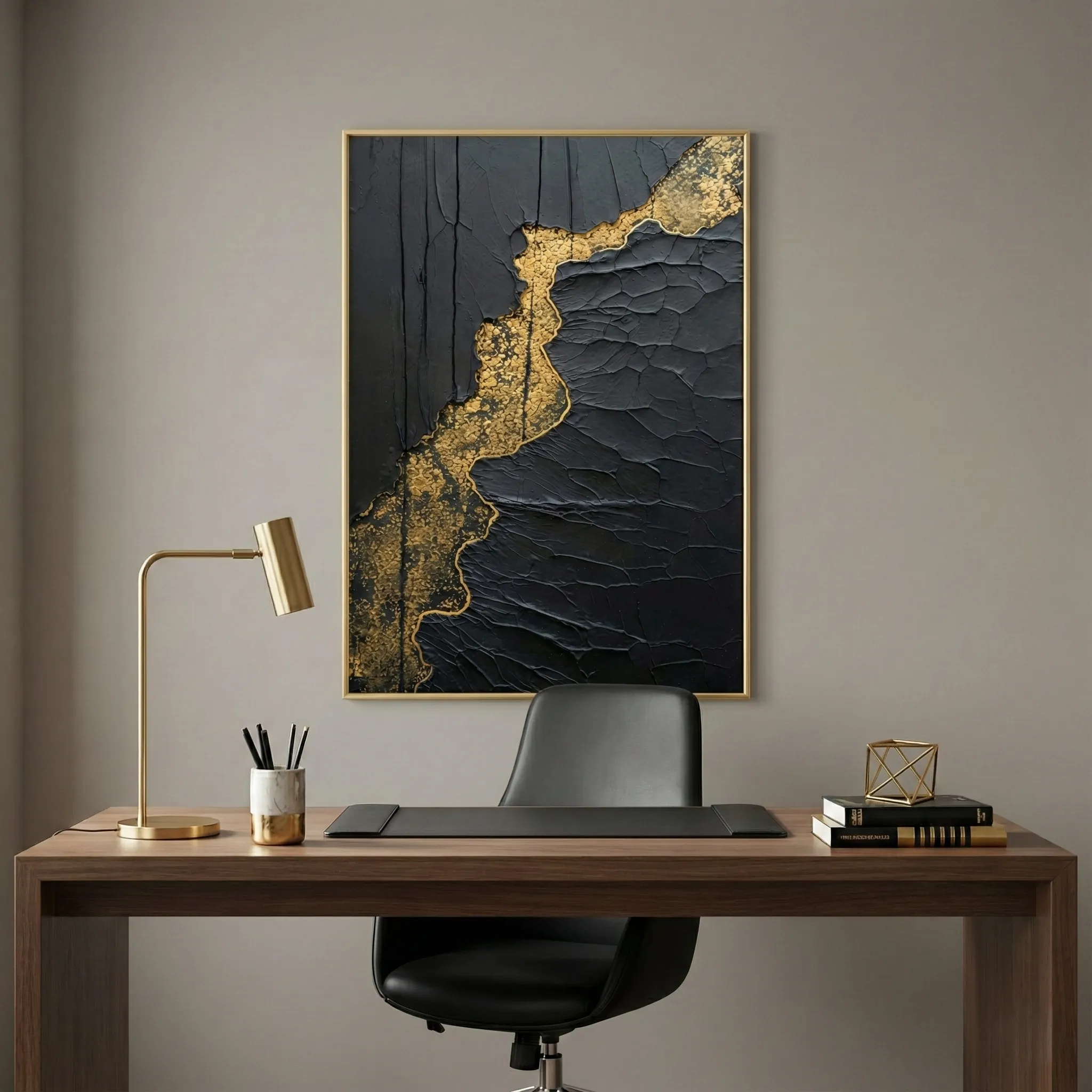 Molten-Vein-Black-impasto-with-gold-river.-abstract-art-5.webp Molten Vein Black impasto with gold river. abstract art - Image 1