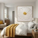 Serene White Petal Impasto floral in cream, gold. minimal wall art - Image 3