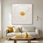 Serene White Petal Impasto floral in cream, gold. minimal wall art