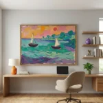 purple Sea Horizon Bold sailboats on wavy water abstract art
