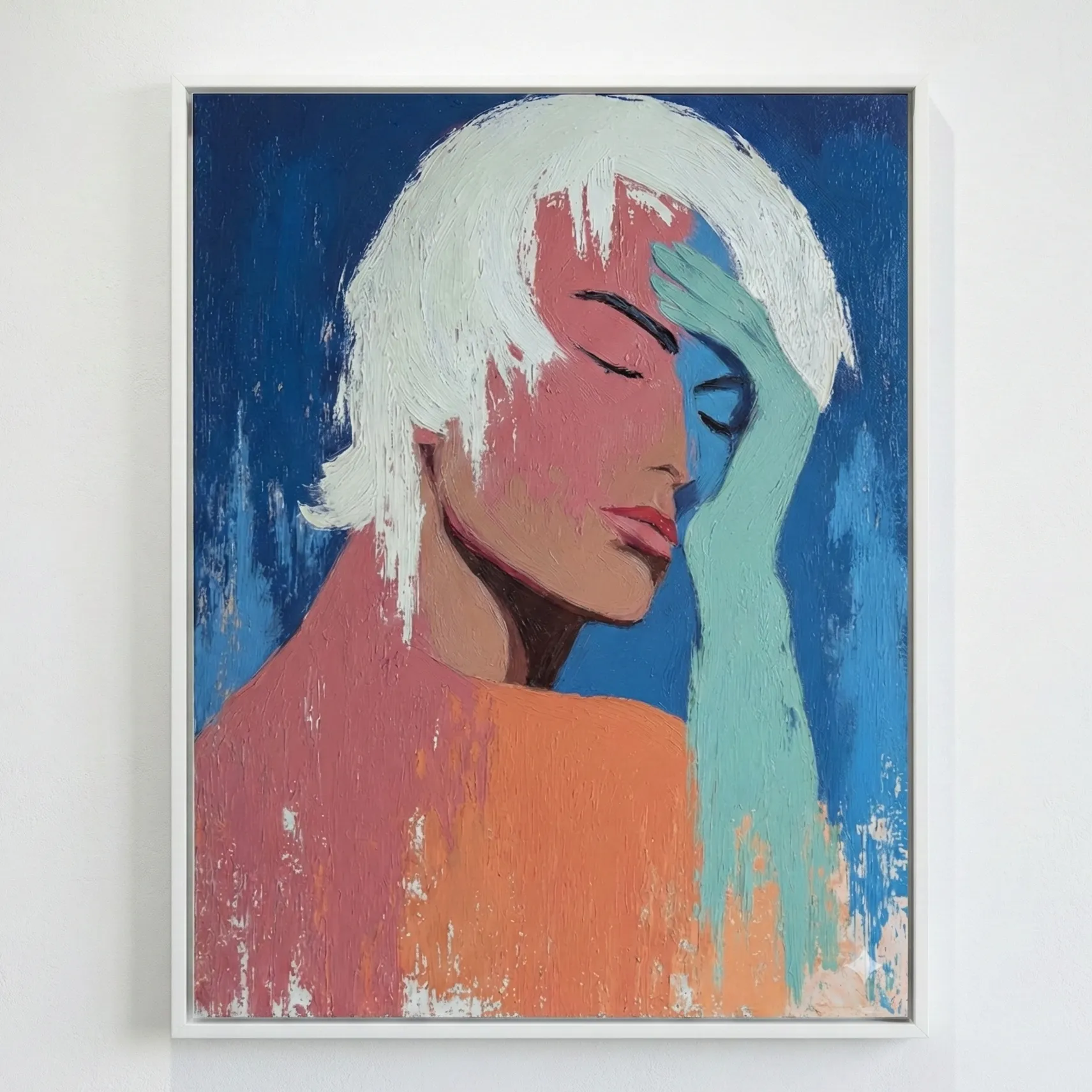 Coral Reverie Impasto figure with white hair. color wall art (1) Coral Reverie Impasto figure with white hair color wall art - Image 1