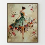 Emerald Blossom Dance Textured oil painting of woman and roses Textured art wall decor
