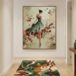 Emerald Blossom Dance Textured oil painting of woman and roses Textured art wall decor - Image 2