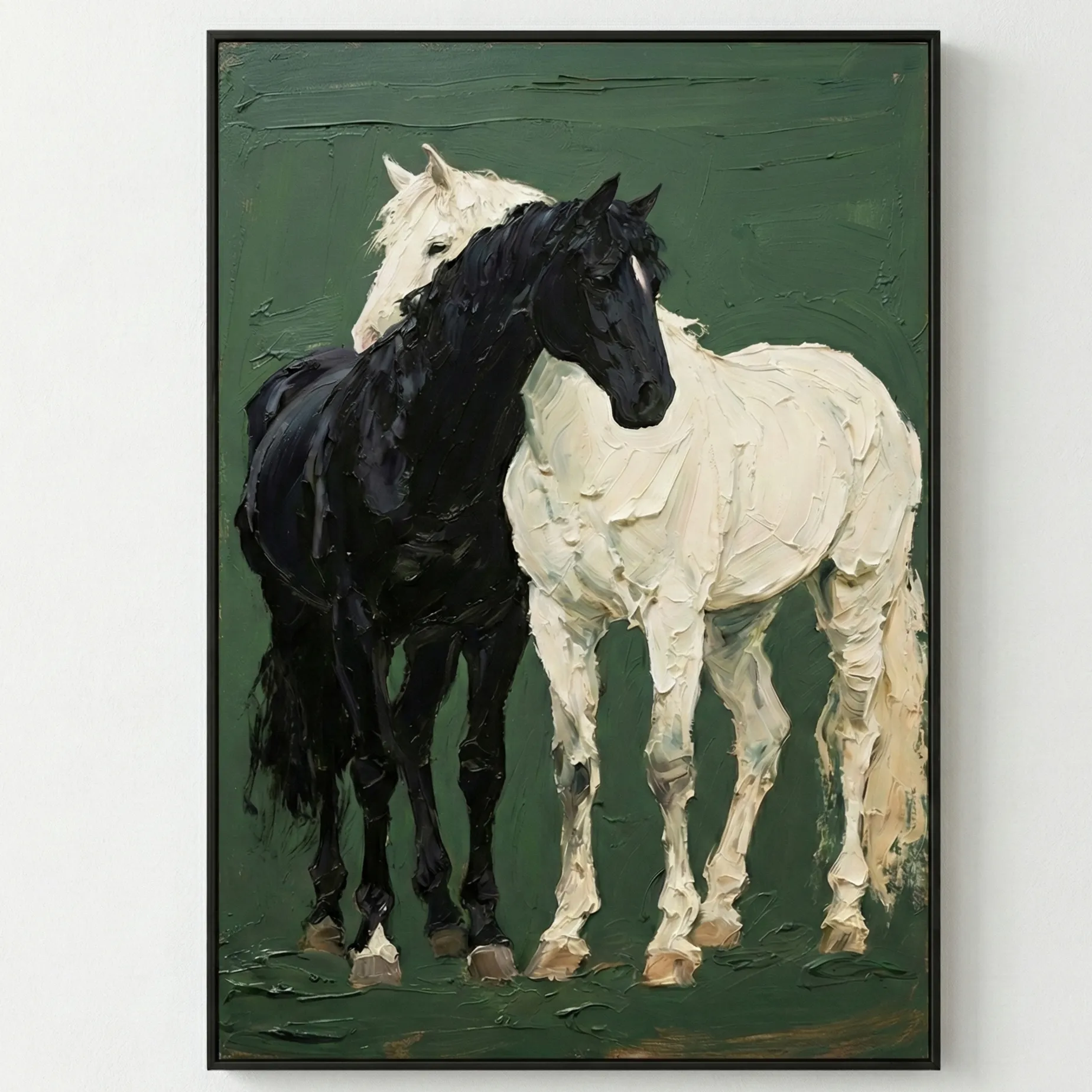Equine Duo Veridian Two horses, thick brushstrokes, dark green textured wall art (1) Equine Duo Veridian Two horses thick brushstrokes dark green textured wall art - Image 1
