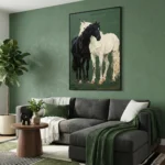 Equine Duo Veridian Two horses thick brushstrokes dark green textured wall art - Image 2