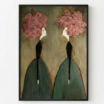 Floral Dialogue Two figures with pink floral hair Textured art wall decor