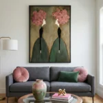 Floral Dialogue Two figures with pink floral hair Textured art wall decor - Image 2