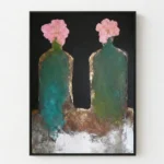 Gilded Petals Pink flowers on green vessels Abstract art wall decor