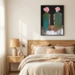 Gilded Petals Pink flowers on green vessels Abstract art wall decor - Image 2