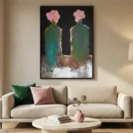 Gilded Petals Pink flowers on green vessels Abstract art wall decor - Image 3