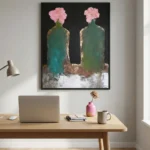 Gilded Petals Pink flowers on green vessels Abstract art wall decor - Image 4