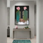 Gilded Petals Pink flowers on green vessels Abstract art wall decor - Image 5