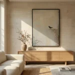 Gilded Solitude Black bird on textured wall Wabi Sabi wall art