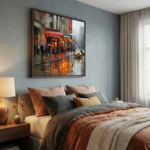 Luminous Cityscape Red awning blurred city lights Color art wall decor